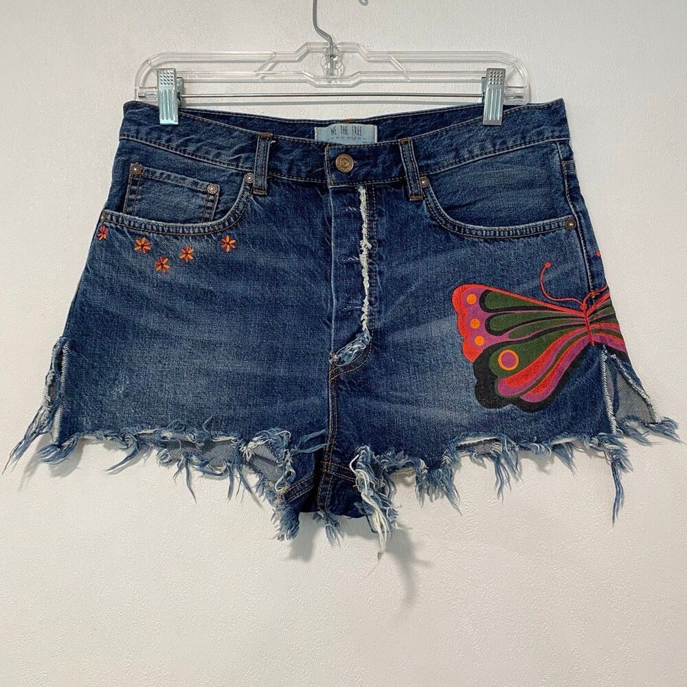 Free People We The Free Fields of Sun Butterfly Denim Shorts Size 29 Boho - Picture 2 of 10